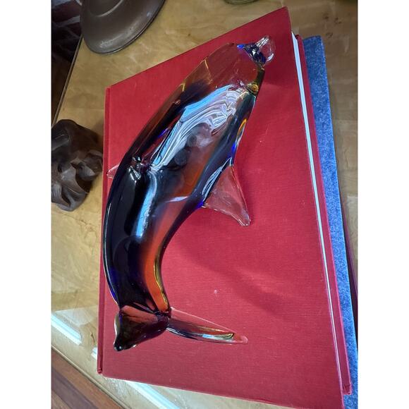 Murano Style Art Glass Dolphin Figurine in Amber and Blue, 7.25” - Picture 6 of 6